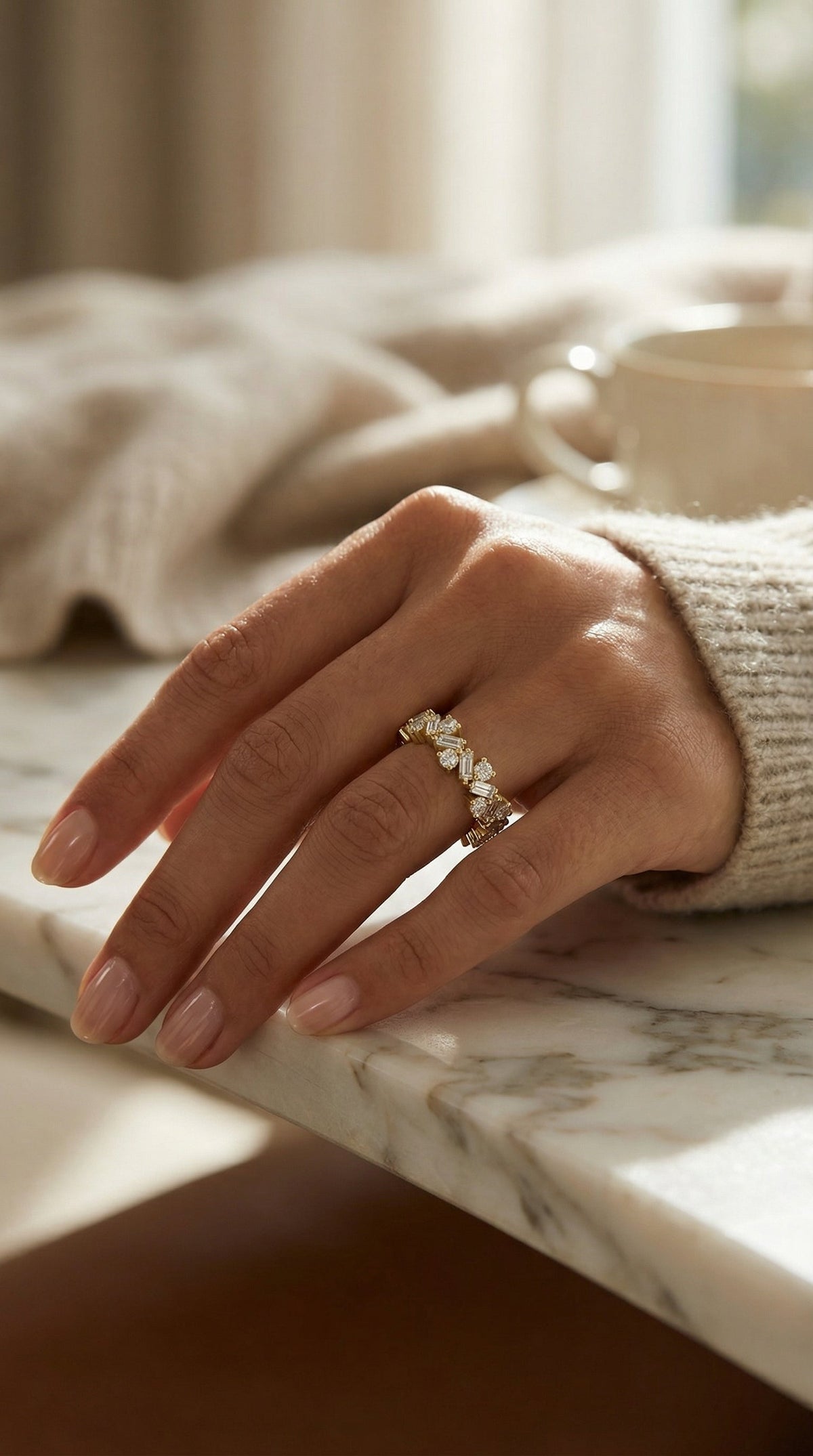 Alternating Baguette & Round Diamond Design Ring, view 2