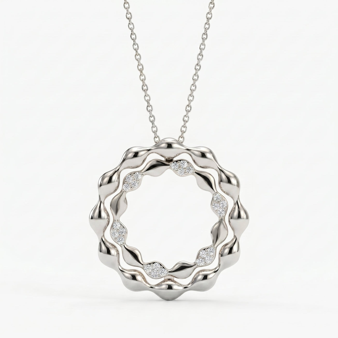 Elegant Diamond Wave Circle Pendant Necklace, view 6