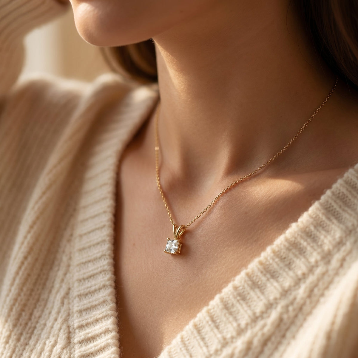 Asscher Cut Diamond Solitaire Pendant Necklace, view 2