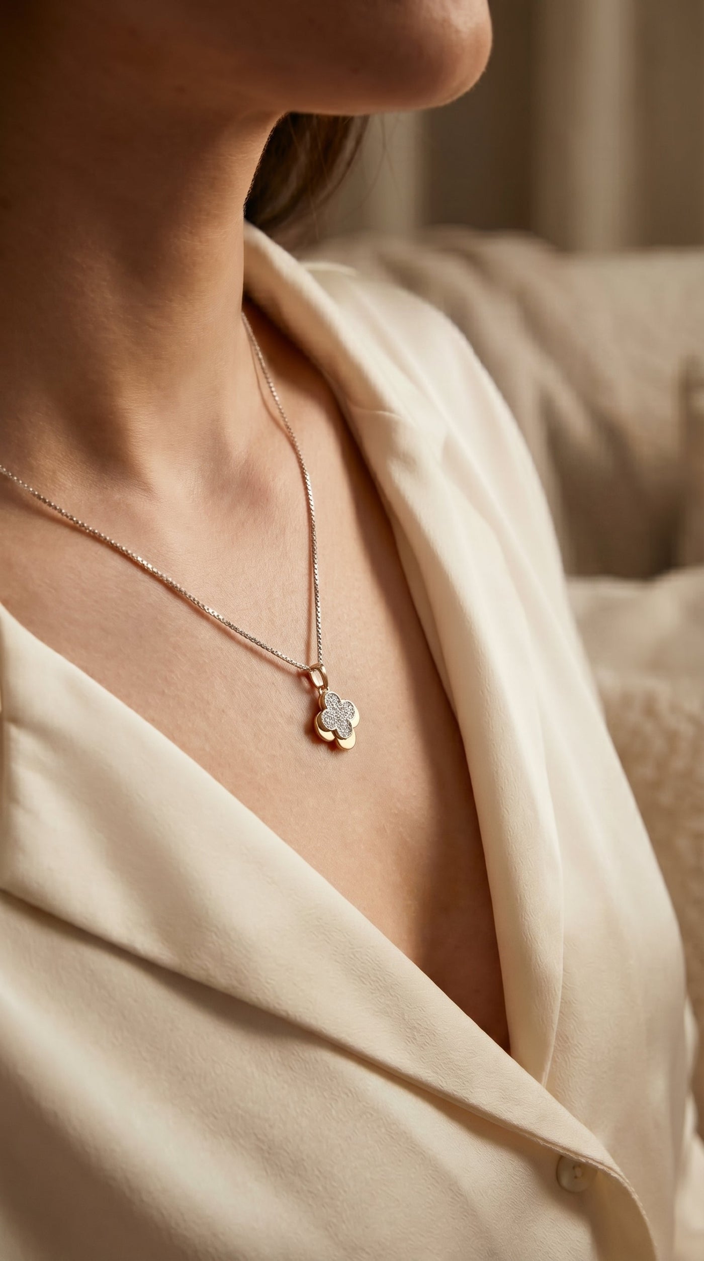 Elegant Pave Two-Tone Clover Diamond Pendant Necklace, view 2