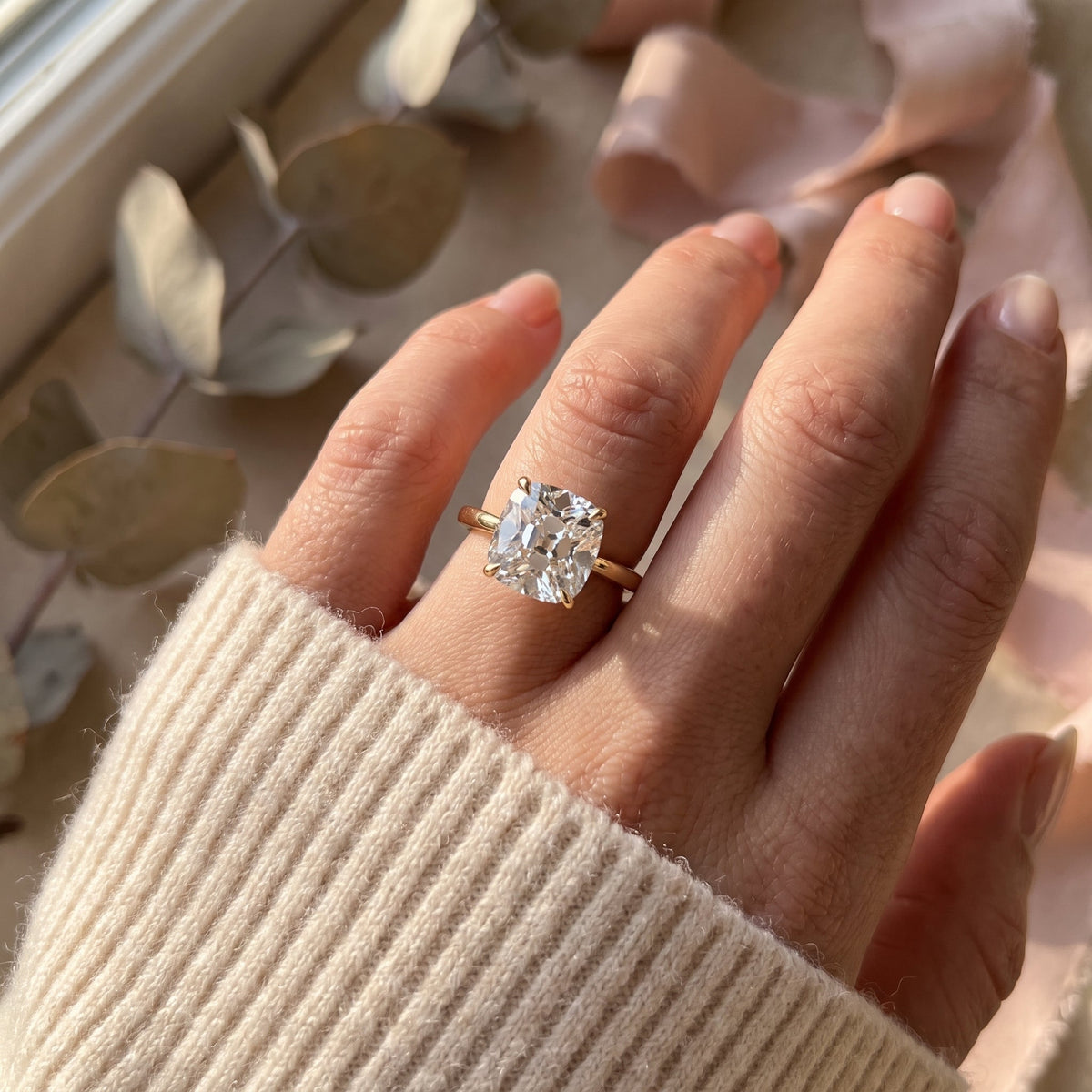 Old Miner Cut Lab Diamond Solitaire Engagement Ring, view 2