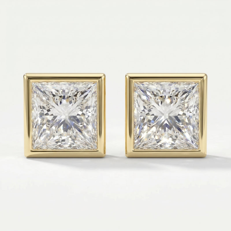 Princess Cut Diamond Bezel Stud Earrings, view 1