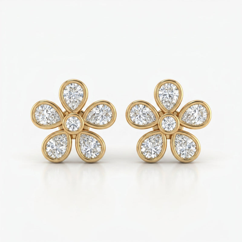 Pear Cut Lab Diamond Bezel Set Floral Cluster Stud Earrings, view 1