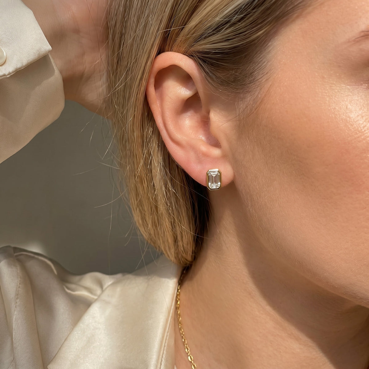 Emerald Cut Diamond Bezel Stud Earrings, view 2