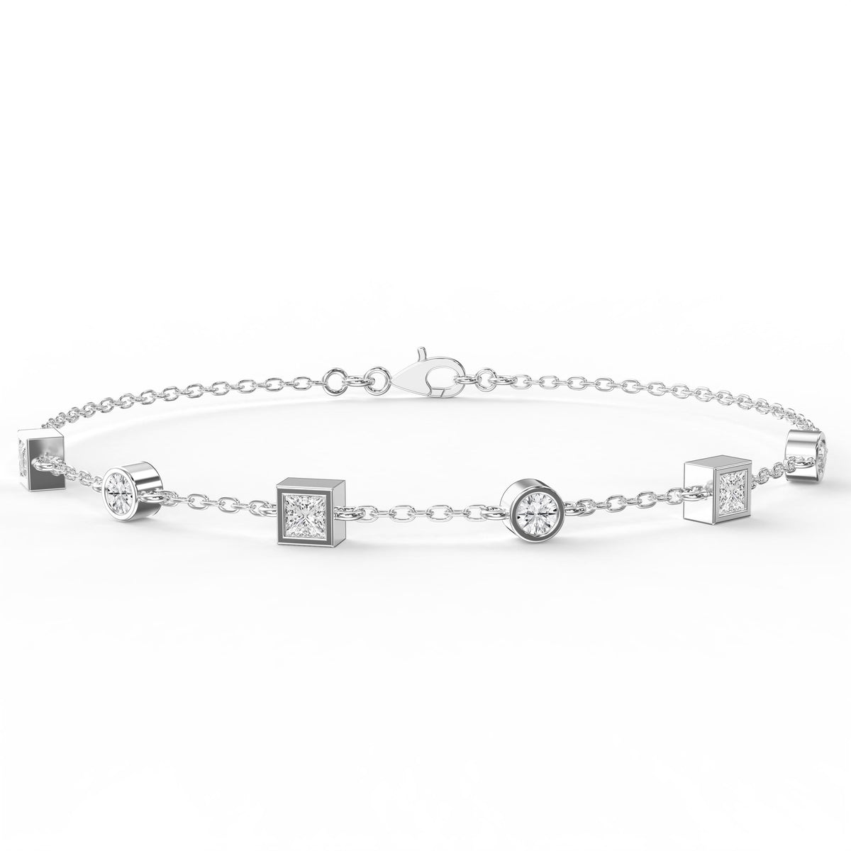 Modern Diamond Station Bracelet with Alternating Round & Princess-Cut Bezel Set Diamonds, view 5