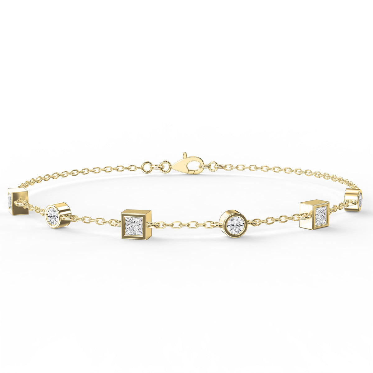 Modern Diamond Station Bracelet with Alternating Round & Princess-Cut Bezel Set Diamonds, view 1