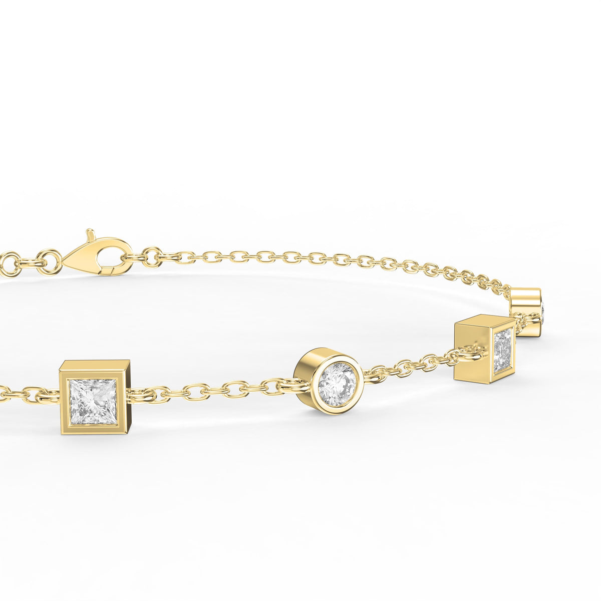 Modern Diamond Station Bracelet with Alternating Round & Princess-Cut Bezel Set Diamonds, view 3