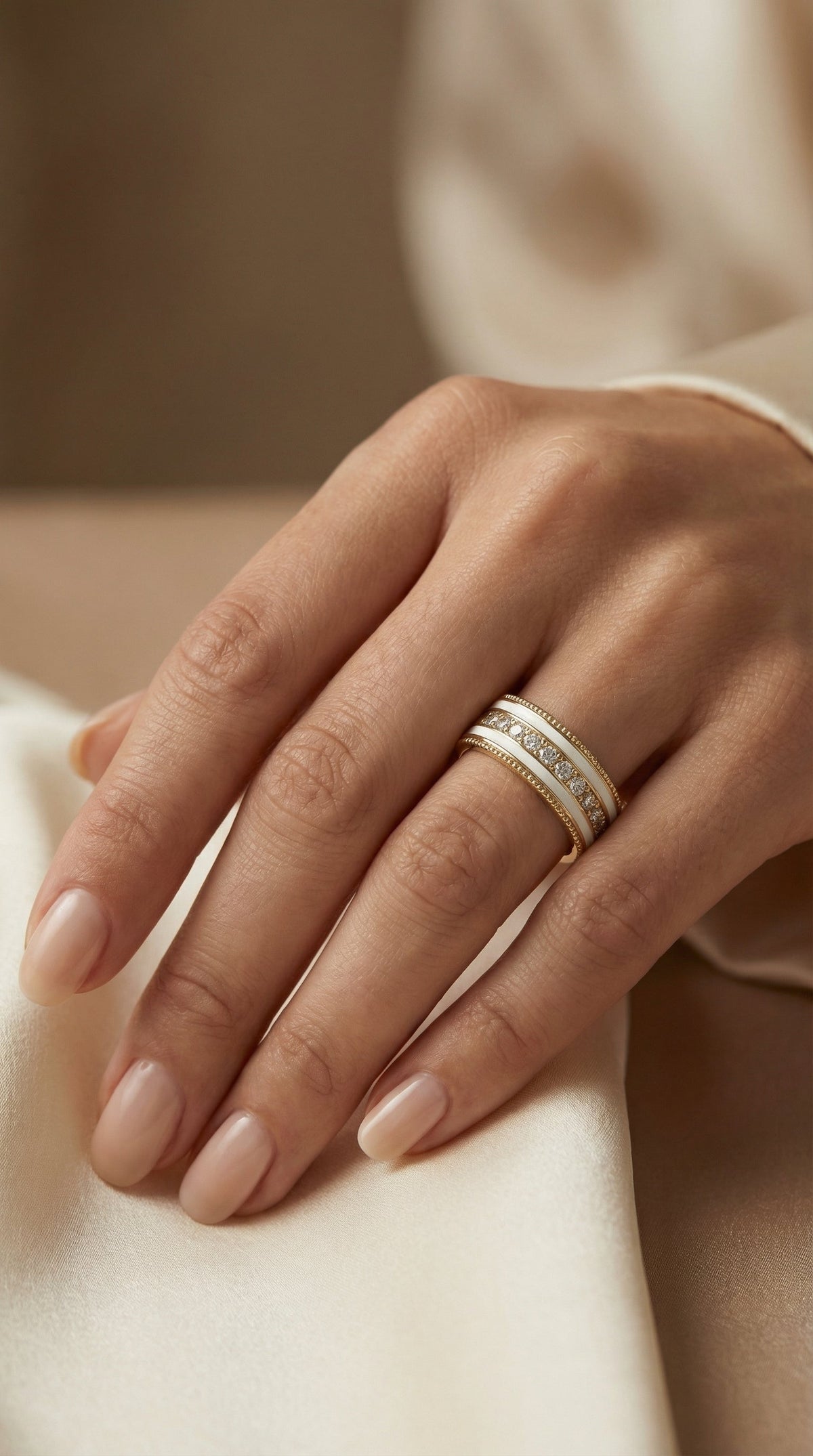 Half Carat Round Diamond With White Enamel Band, view 2