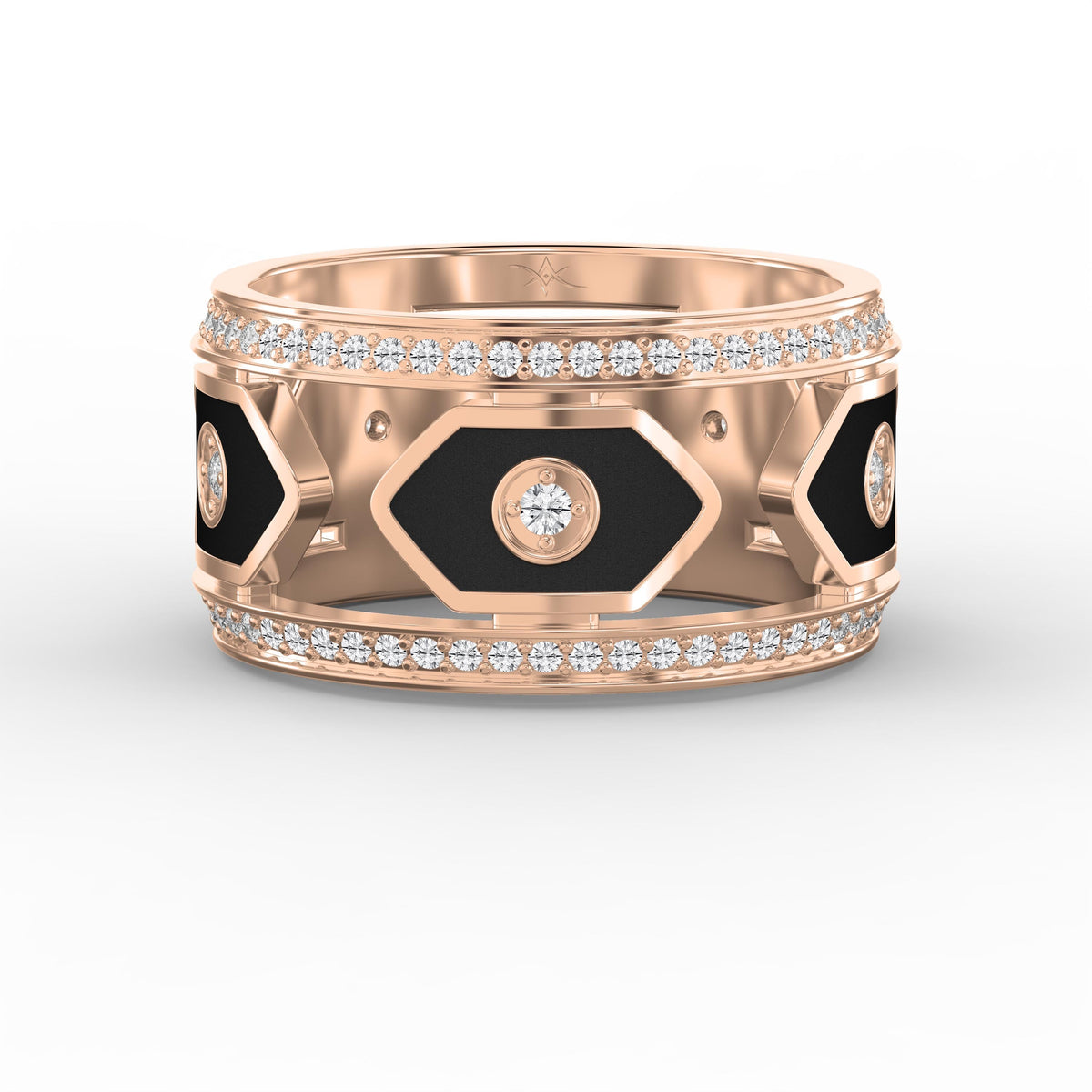 Wide Round Diamond Band with Black Enamel Ring, view 7