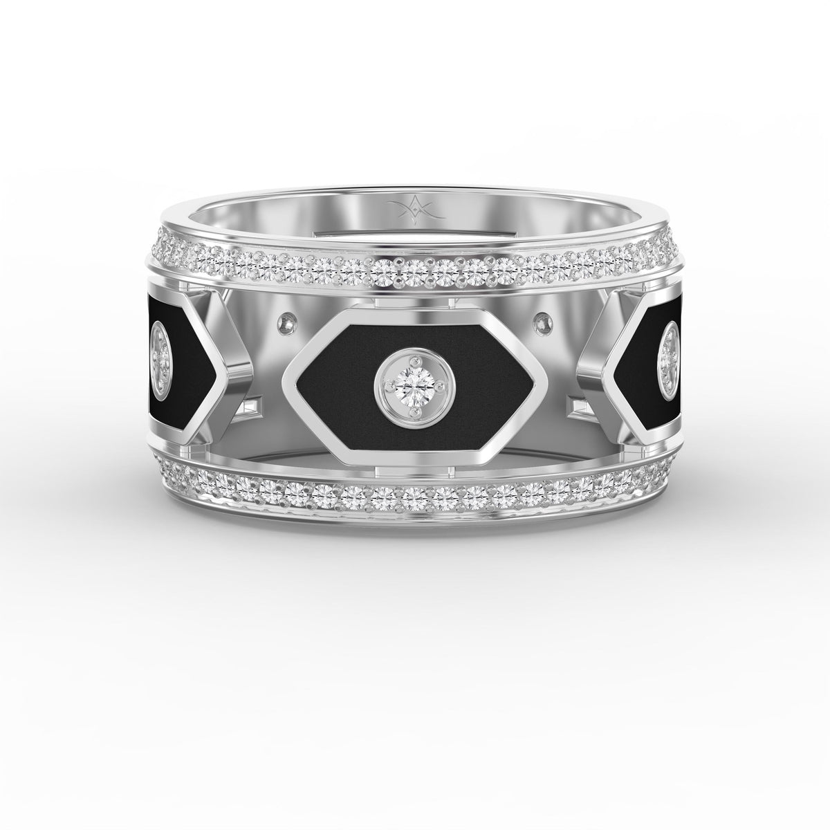 Wide Round Diamond Band with Black Enamel Ring, view 6