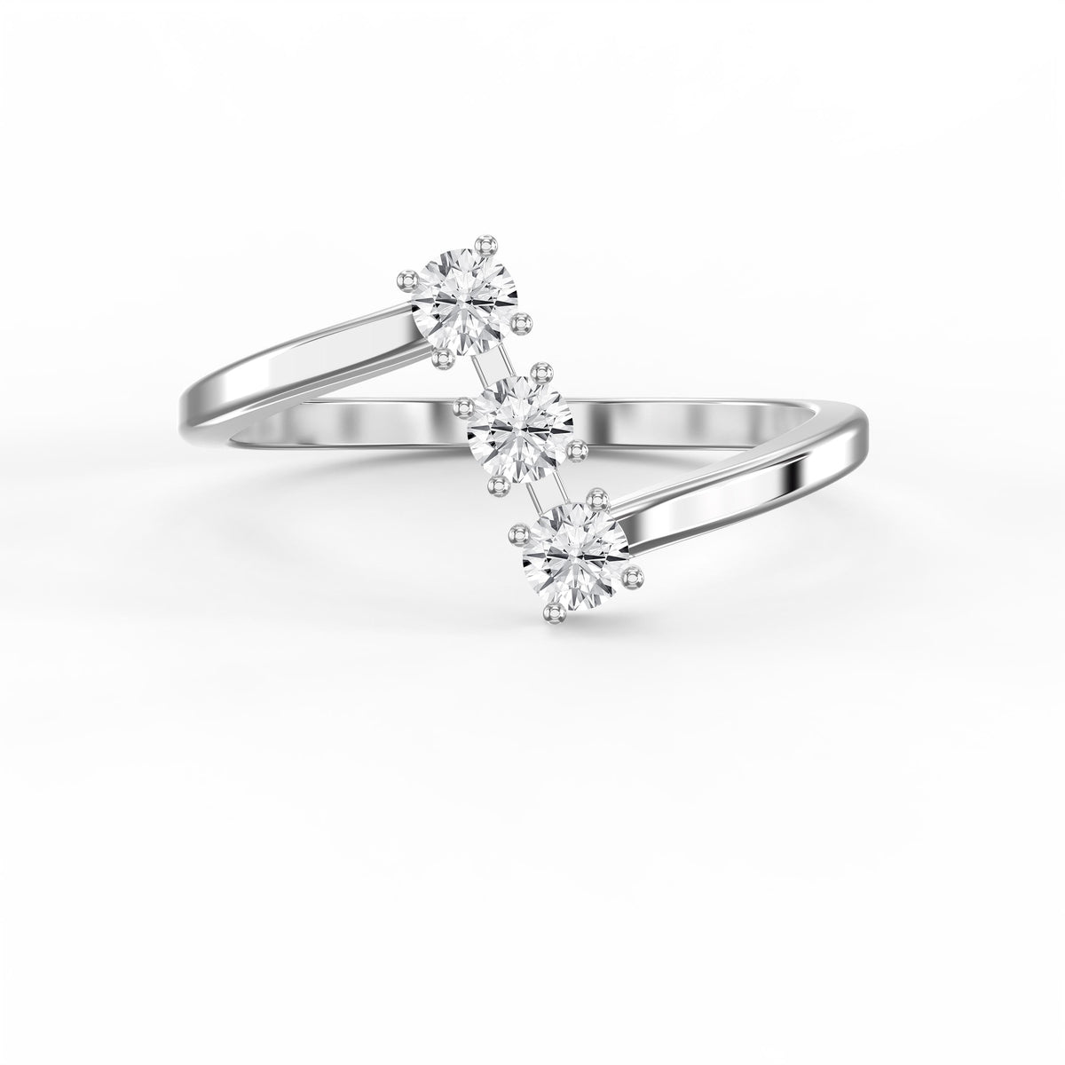Modern Split Shank Three Stone Round Diamond Curved Ring, view 6