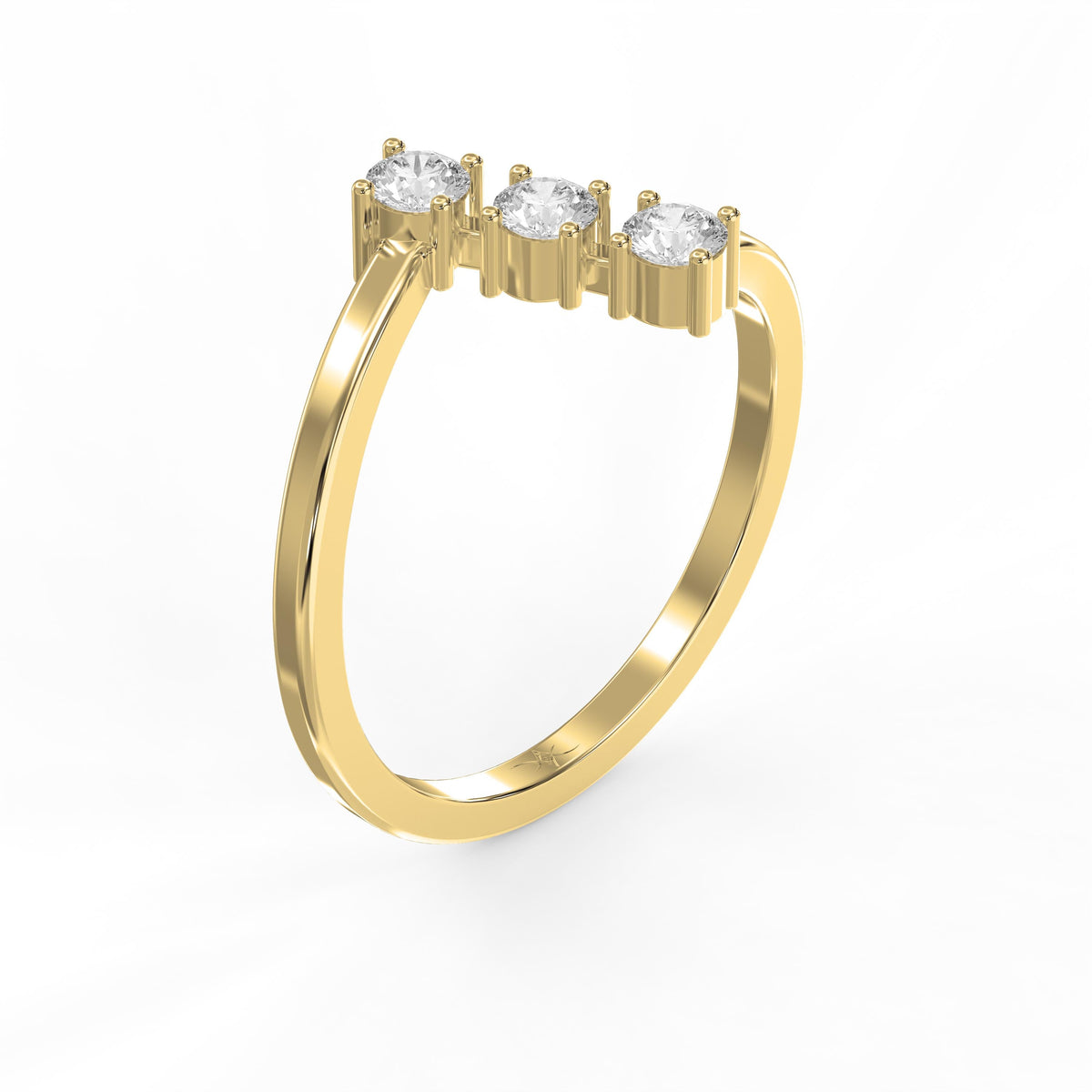 Modern Split Shank Three Stone Round Diamond Curved Ring, view 3