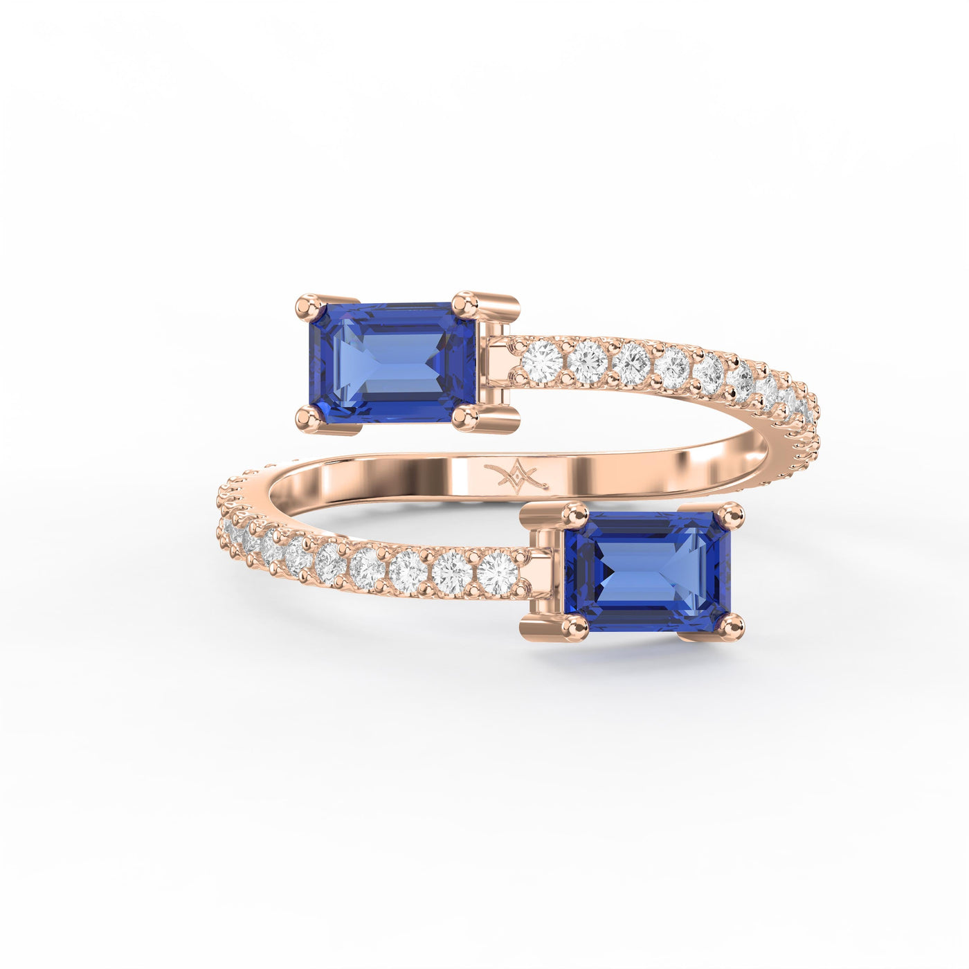 Emerald Cut Blue Sapphire Double Stone Pave Wrap Ring, view 7