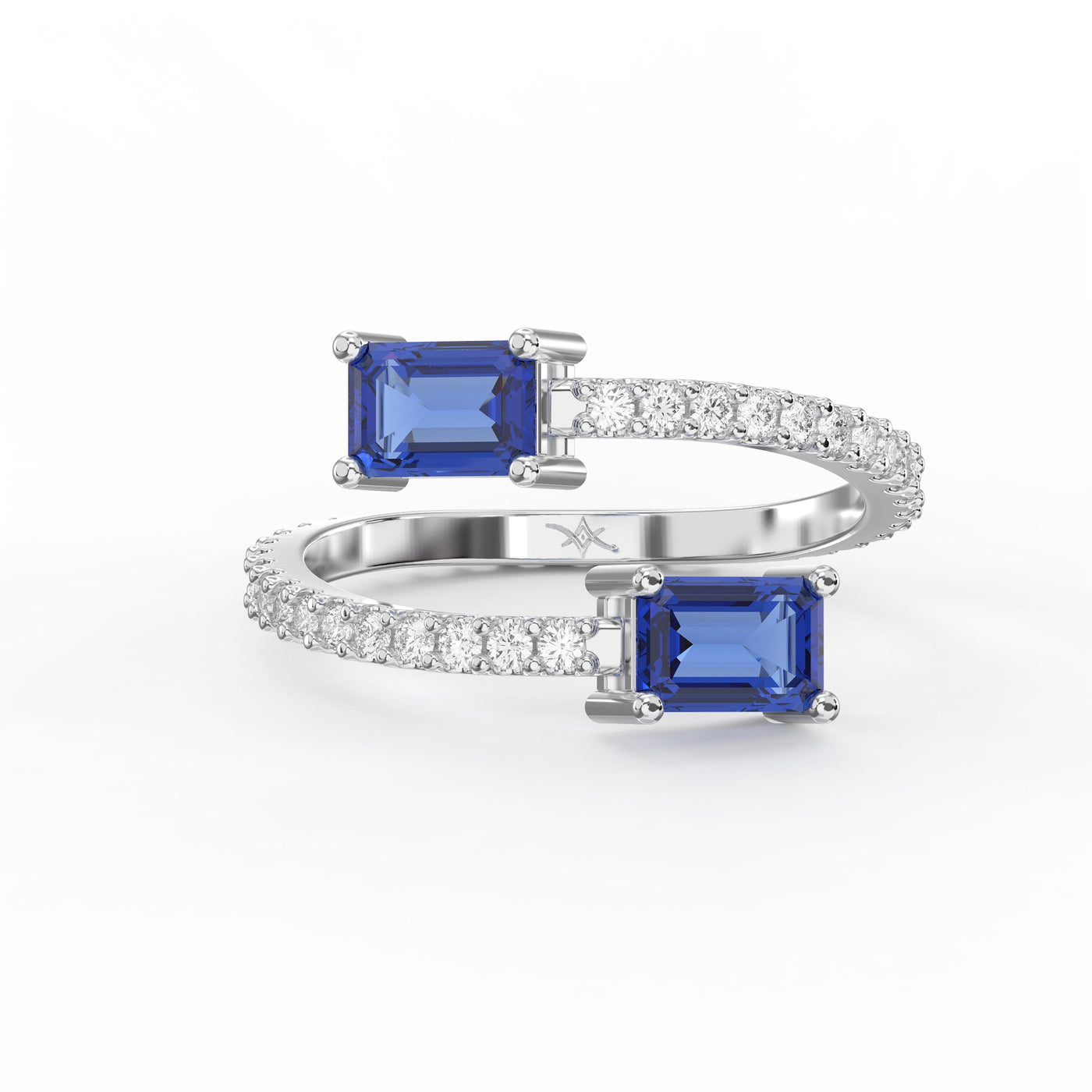 Emerald Cut Blue Sapphire Double Stone Pave Wrap Ring, view 6