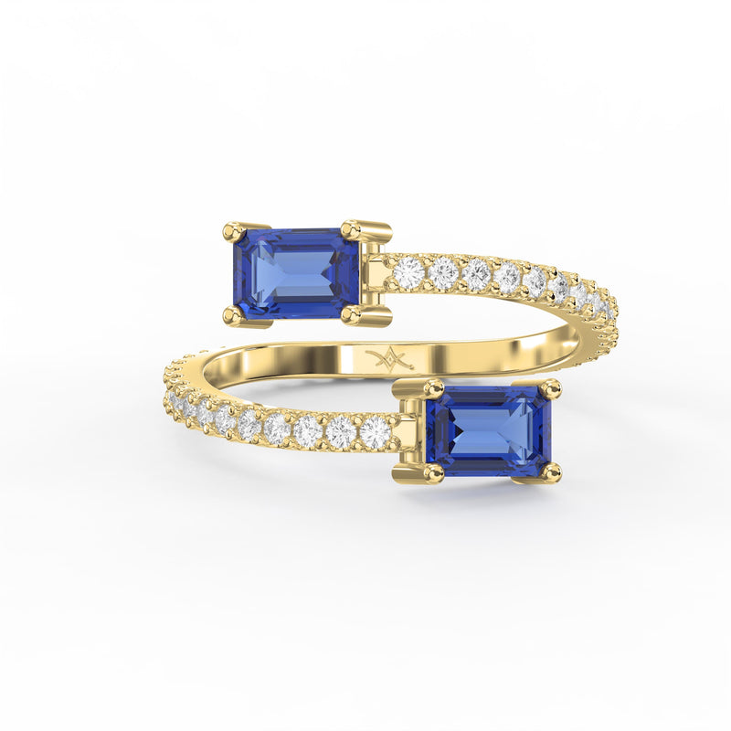 Emerald Cut Blue Sapphire Double Stone Pave Wrap Ring, view 1