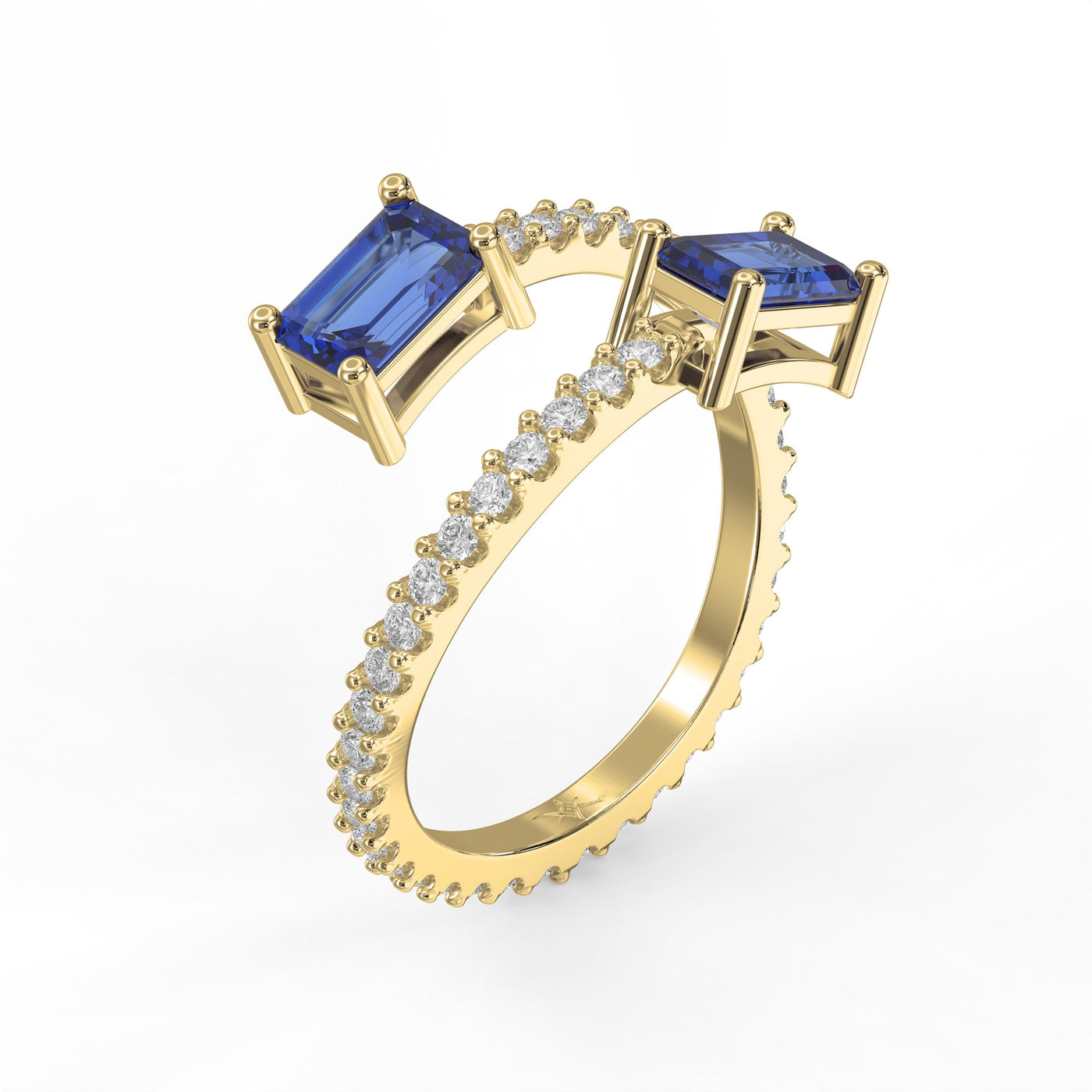 Emerald Cut Blue Sapphire Double Stone Pave Wrap Ring, view 3