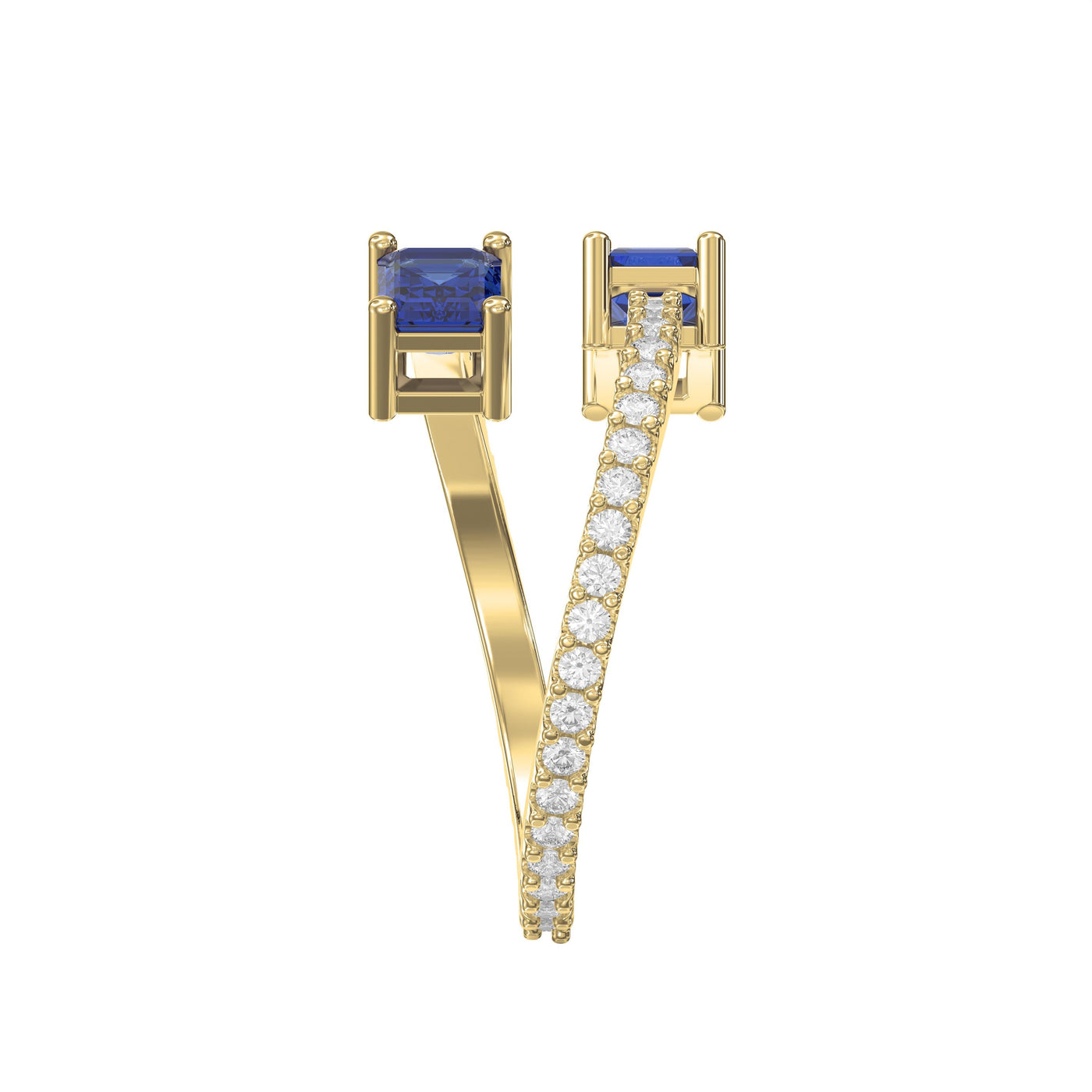 Emerald Cut Blue Sapphire Double Stone Pave Wrap Ring, view 4