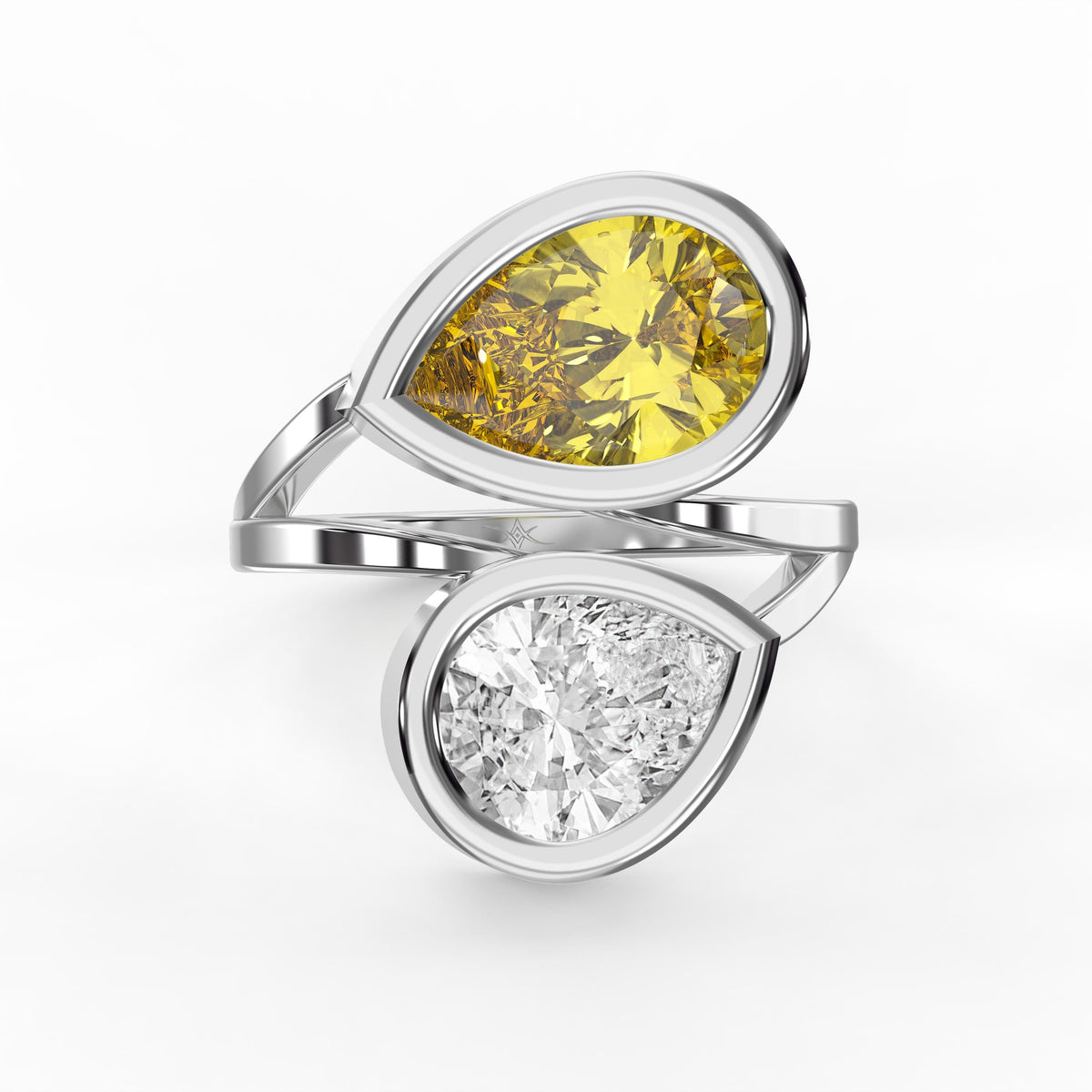 Elegant Two Stone Yellow Sapphire & Pear Cut Diamond Toi et Moi Ring, view 6