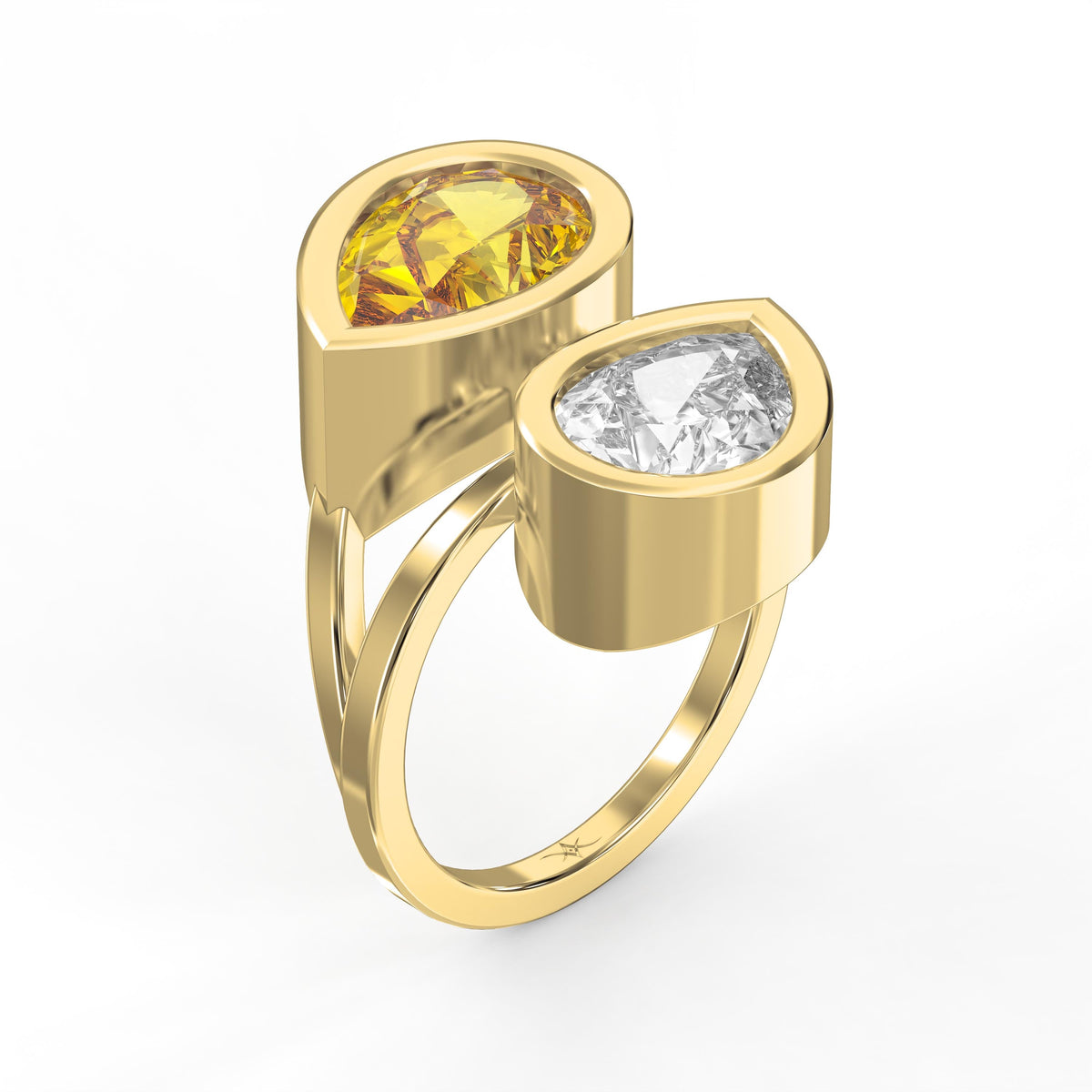 Elegant Two Stone Yellow Sapphire & Pear Cut Diamond Toi et Moi Ring, view 3