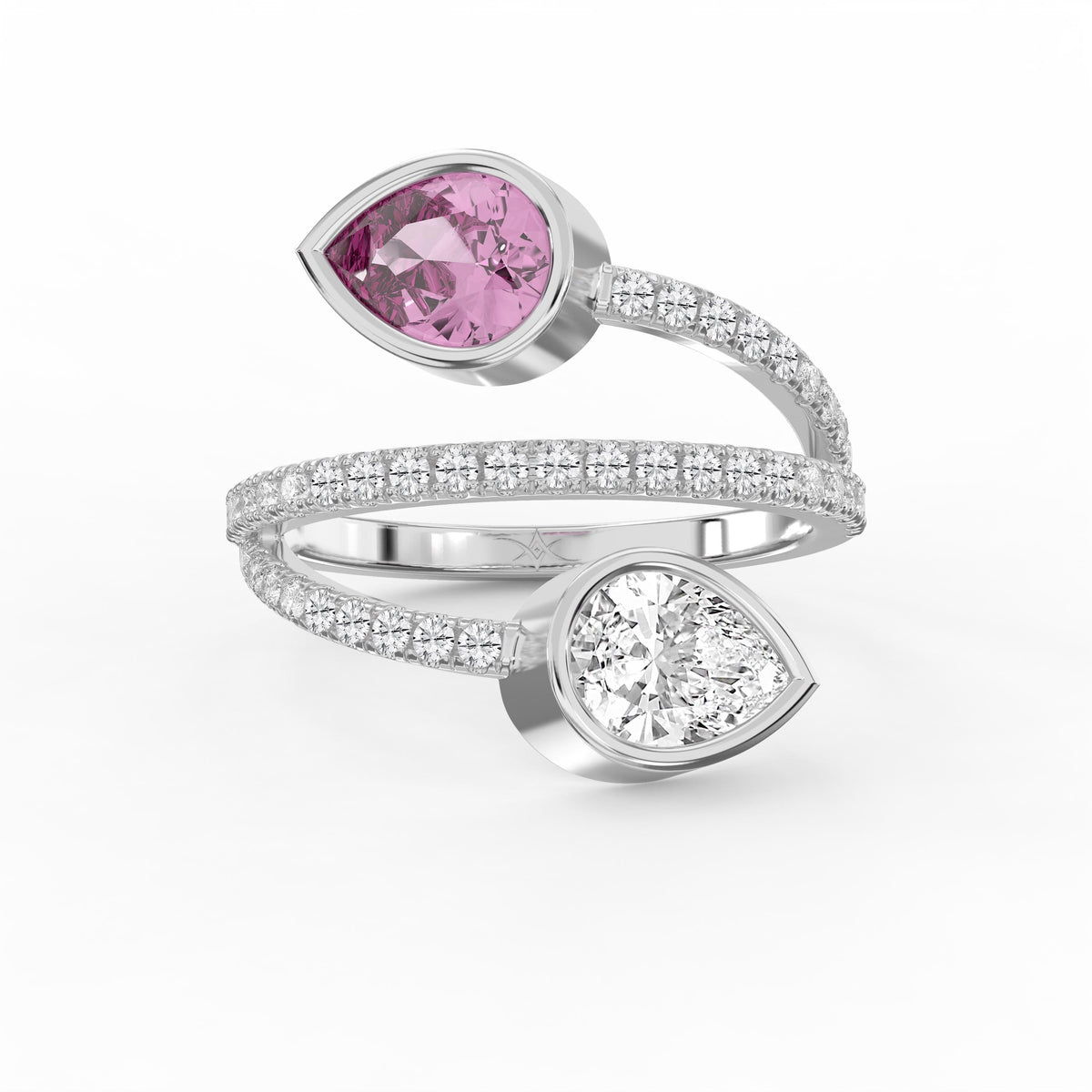Elegant Wrap Style Dual Pear Shape Diamond Ring with Pink Gemstone, view 6