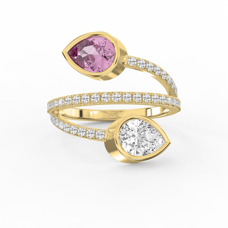 Elegant Wrap Style Dual Pear Shape Diamond Ring with Pink Gemstone, view 1