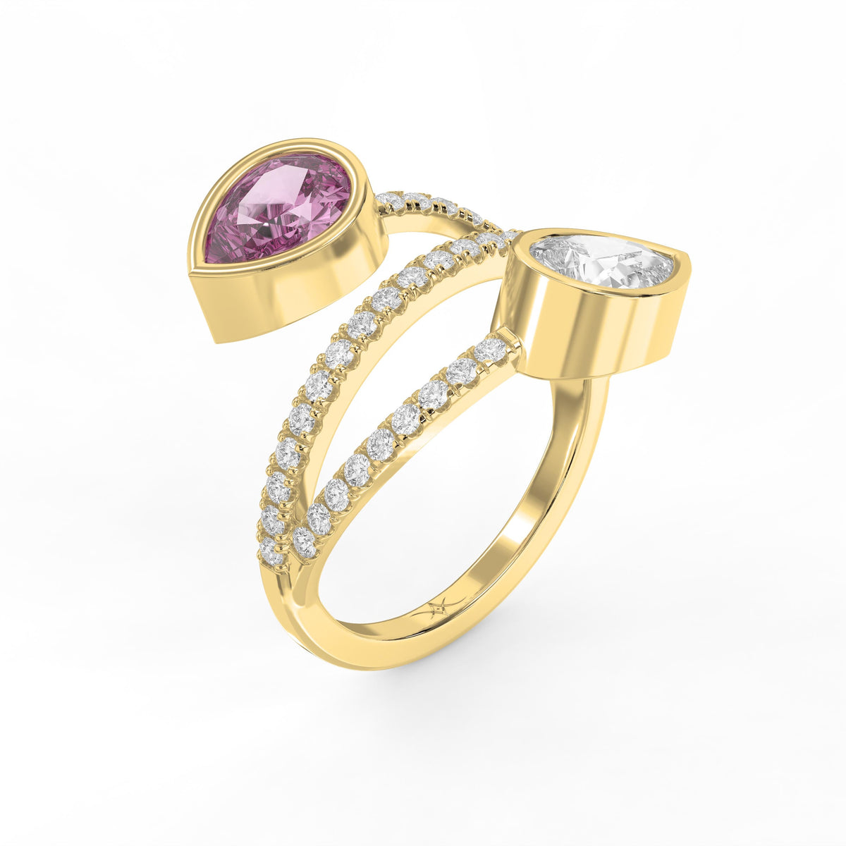 Elegant Wrap Style Dual Pear Shape Diamond Ring with Pink Gemstone, view 3