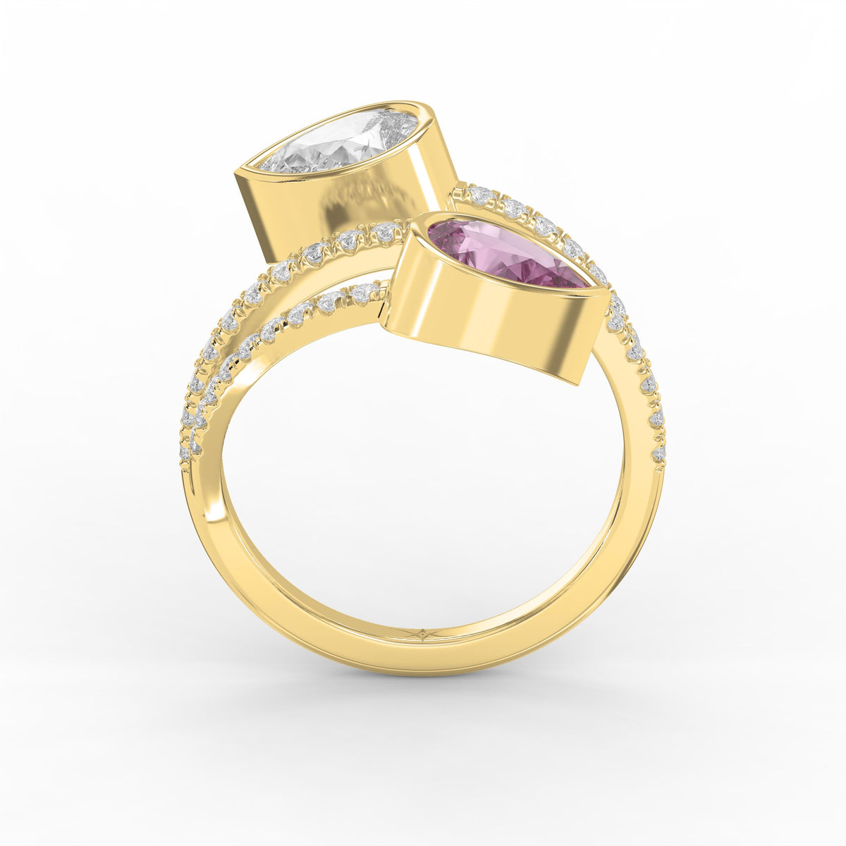 Elegant Wrap Style Dual Pear Shape Diamond Ring with Pink Gemstone, view 5