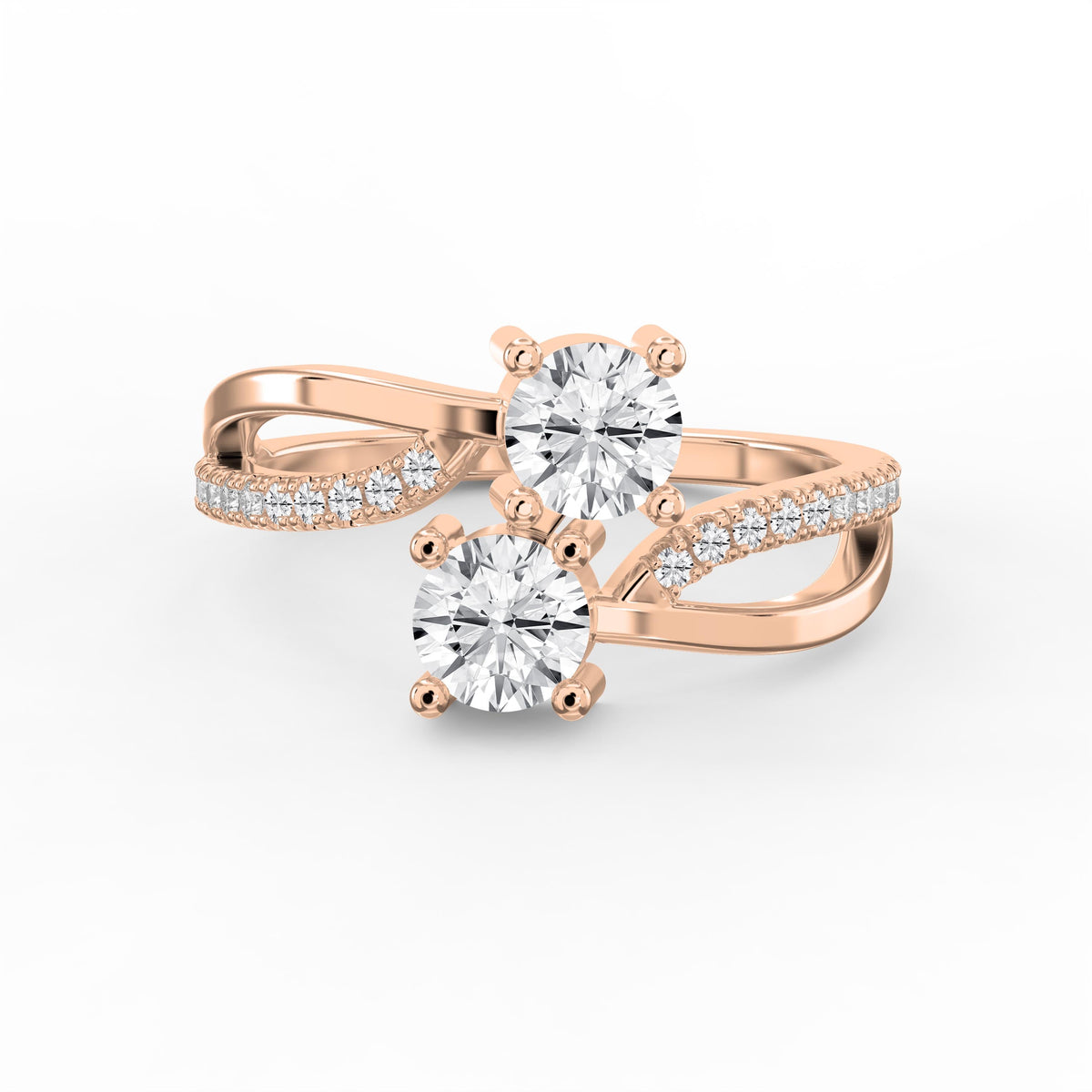 Elegant Two-Stone Diamond Split Shank Double Round Cut Ring with Pavé Band, view 7