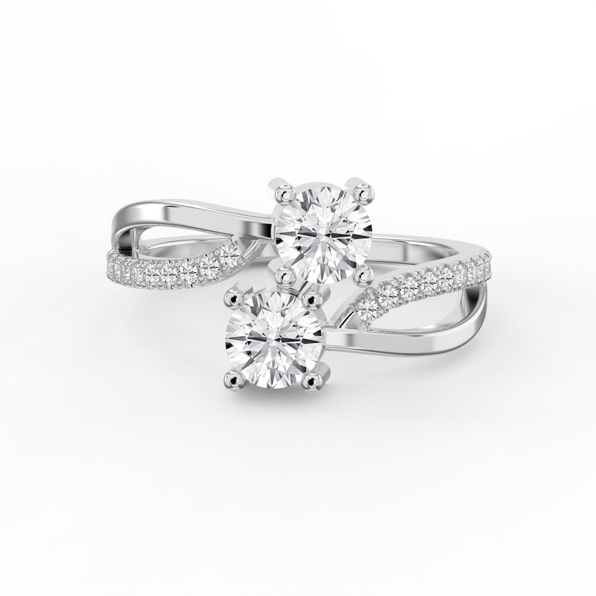 Elegant Two-Stone Diamond Split Shank Double Round Cut Ring with Pavé Band, view 6