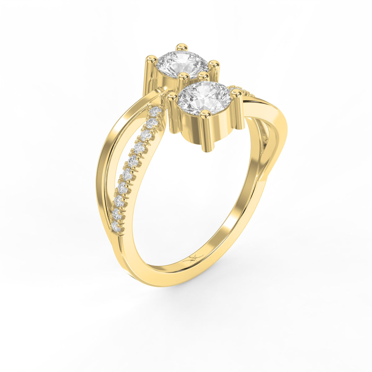 Elegant Two-Stone Diamond Split Shank Double Round Cut Ring with Pavé Band, view 3