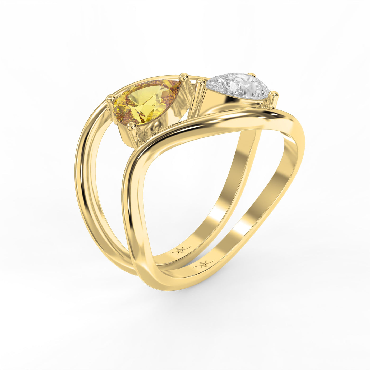 Modern Bypass Pear Cut Yellow & White Diamond Toi et Moi Ring, view 3
