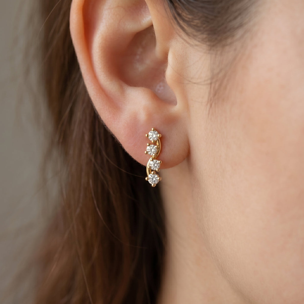 Minimalist Round Diamond Curved Stud Earrings, view 2