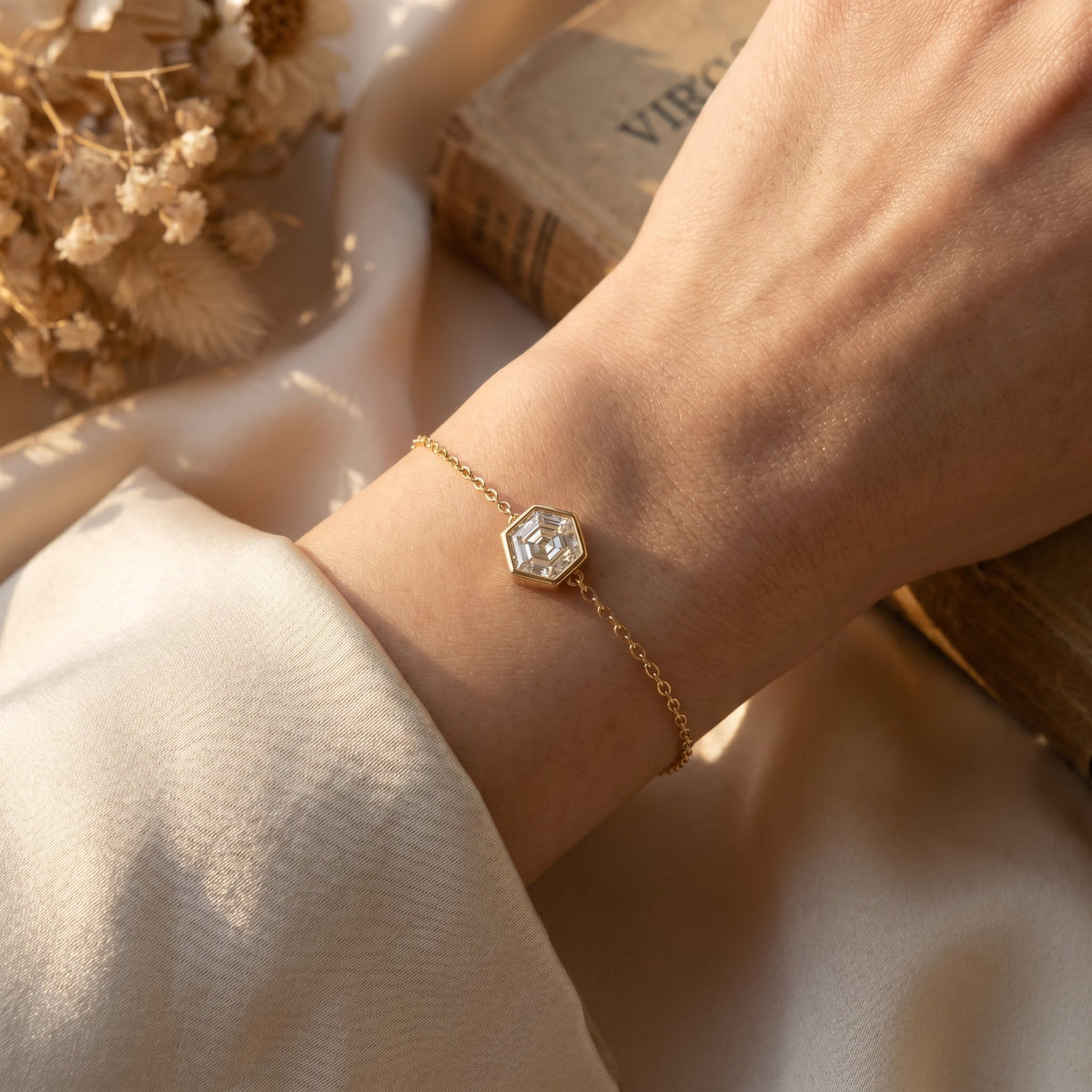 Minimalist Bezel Set Geometric Square Hexagon Cut Chain Bracelet, view 2