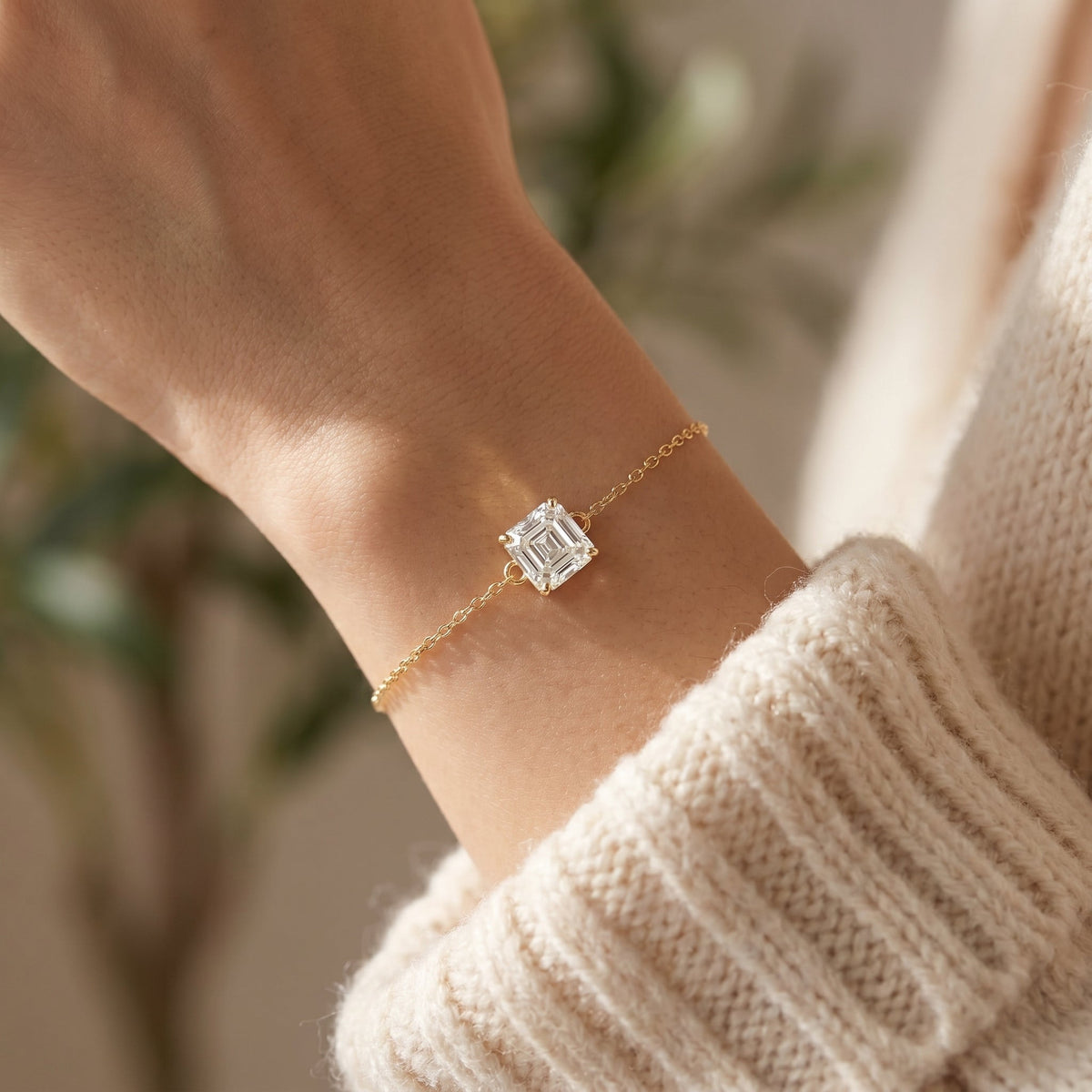Minimalist Solitaire Asscher Cut Diamond Chain Bracelet, view 2