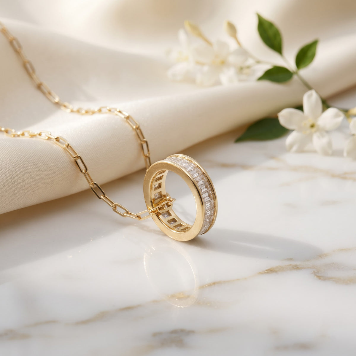 Baguette Diamond Circle Ring Pendant Necklace, image 4