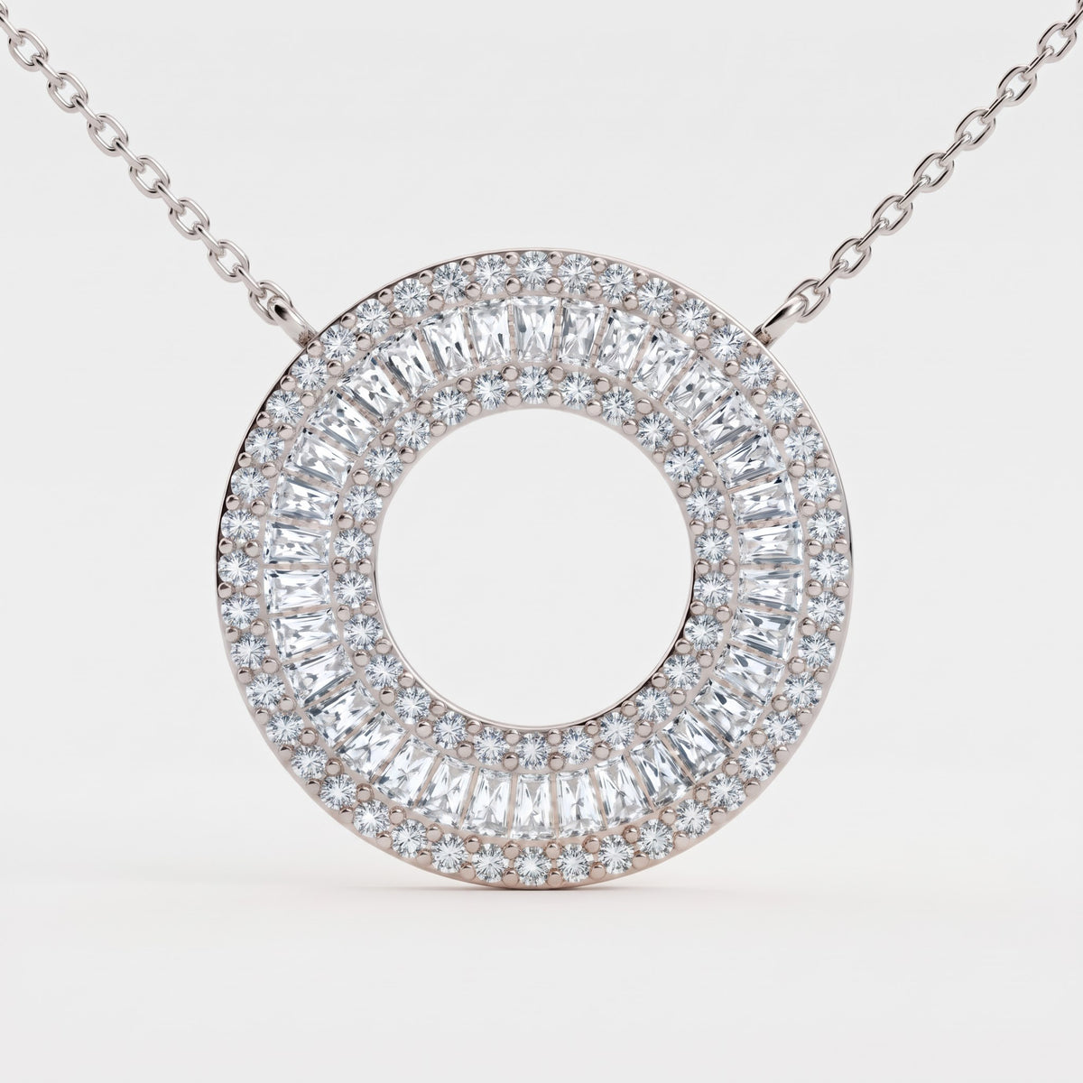 Baguette Diamond Halo Circle Pendant Necklace