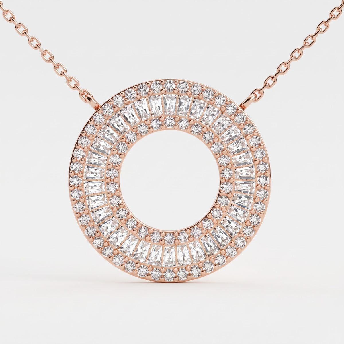 Baguette Diamond Halo Circle Pendant Necklace, image 2