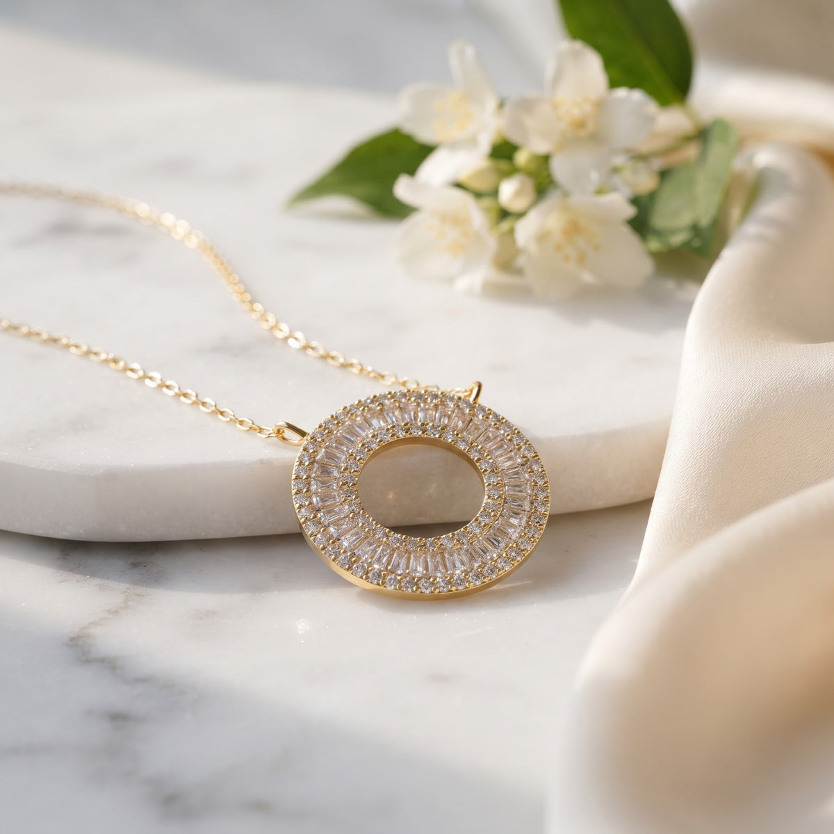 Baguette Diamond Halo Circle Pendant Necklace, image 5