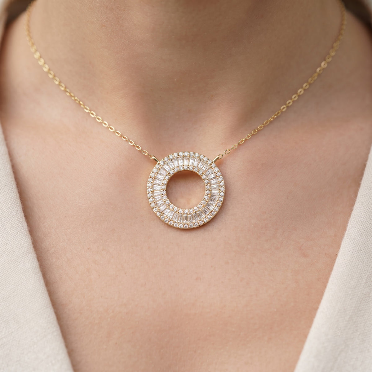 Baguette Diamond Halo Circle Pendant Necklace, image 6