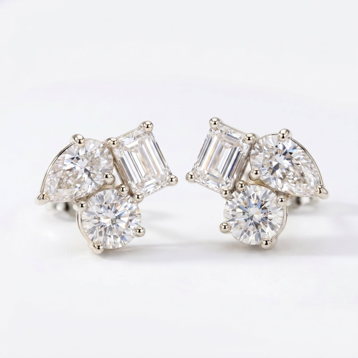 Multi Shape Diamond Cluster Stud Earrings, view 6
