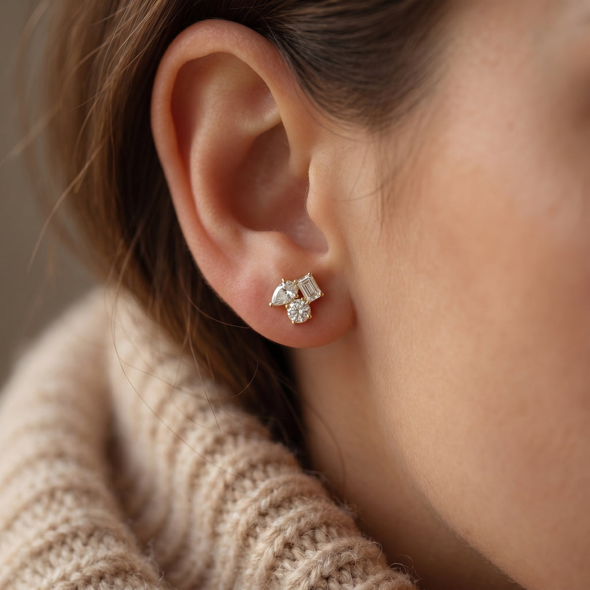 Multi Shape Diamond Cluster Stud Earrings, view 2