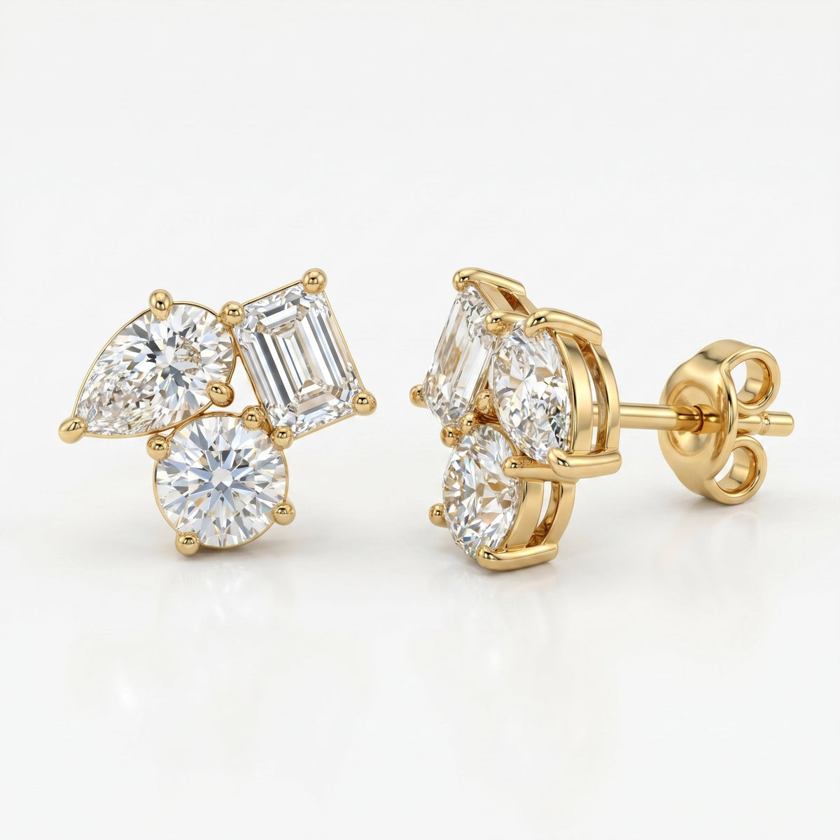 Multi Shape Diamond Cluster Stud Earrings, view 3