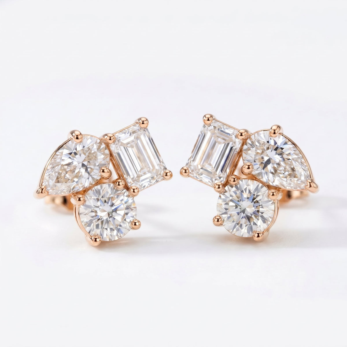 Multi Shape Diamond Cluster Stud Earrings, view 5