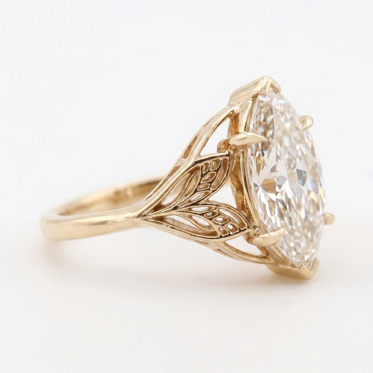 Solitaire Leaf Design Marquise Cut Diamond Engagement Ring, view 3