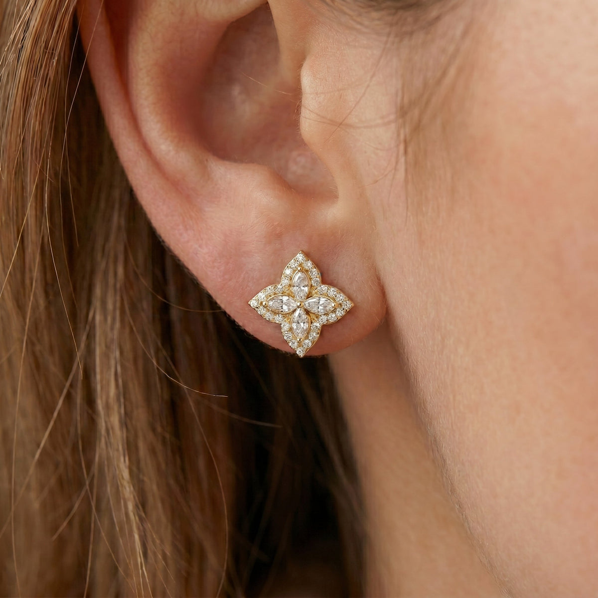 Marquise Diamond Floral Stud Earrings, view 2
