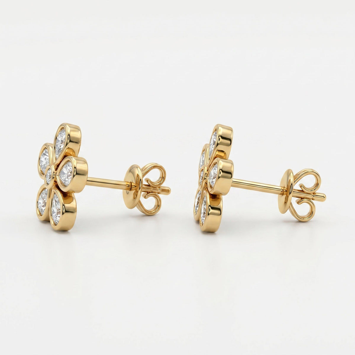 Pear Cut Lab Diamond Bezel Set Floral Cluster Stud Earrings, view 3