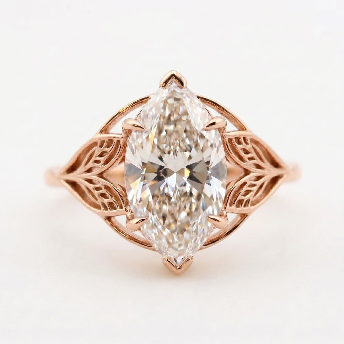 Solitaire Leaf Design Marquise Cut Diamond Engagement Ring, view 7