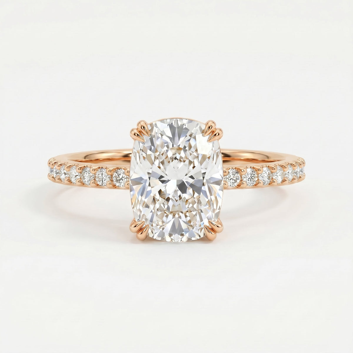 Cushion Cut Diamond Pave Side Stone Engagement Ring, view 4