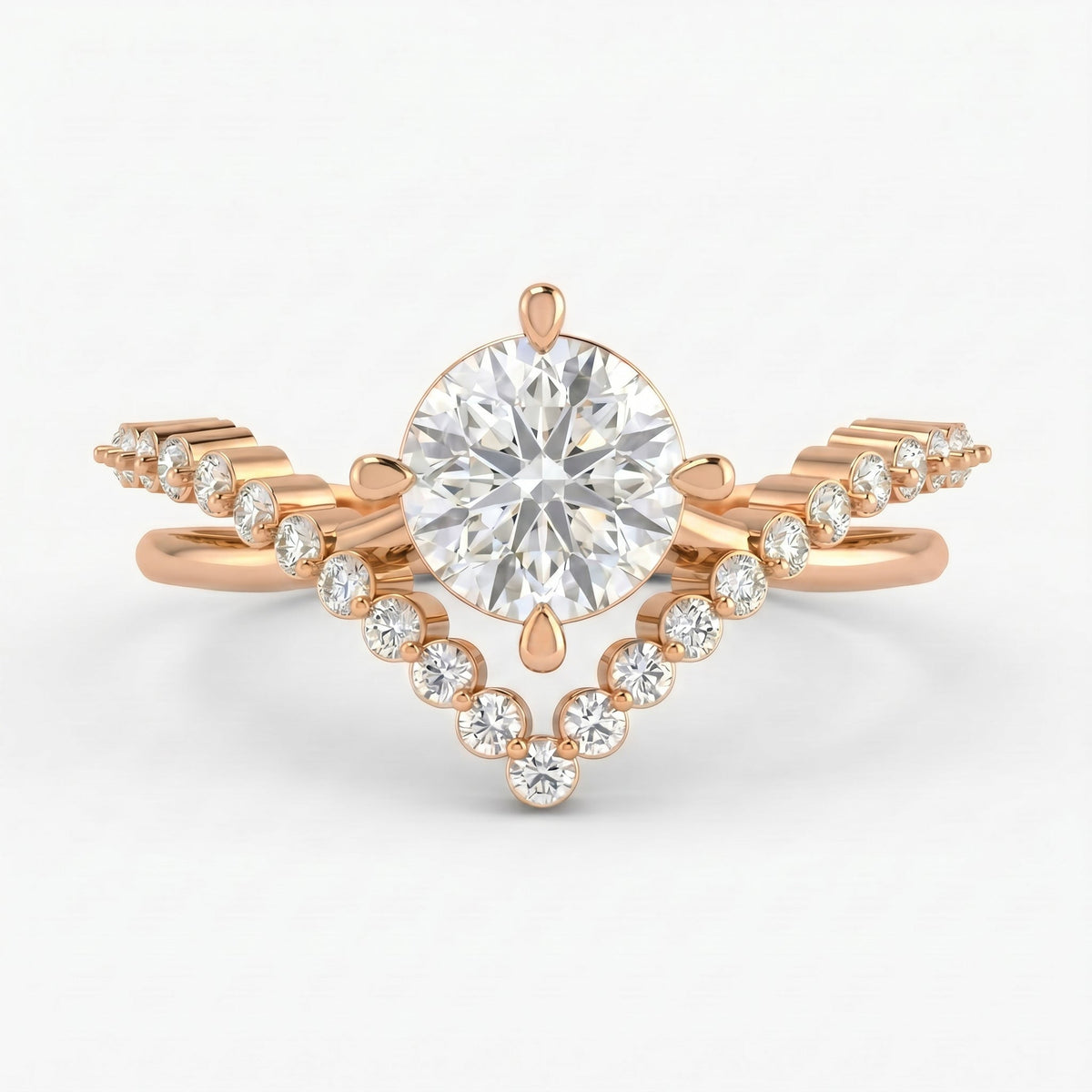 Round Cut Diamond Split Shank Chevron Pave Side Stone Engagement Ring, view 3