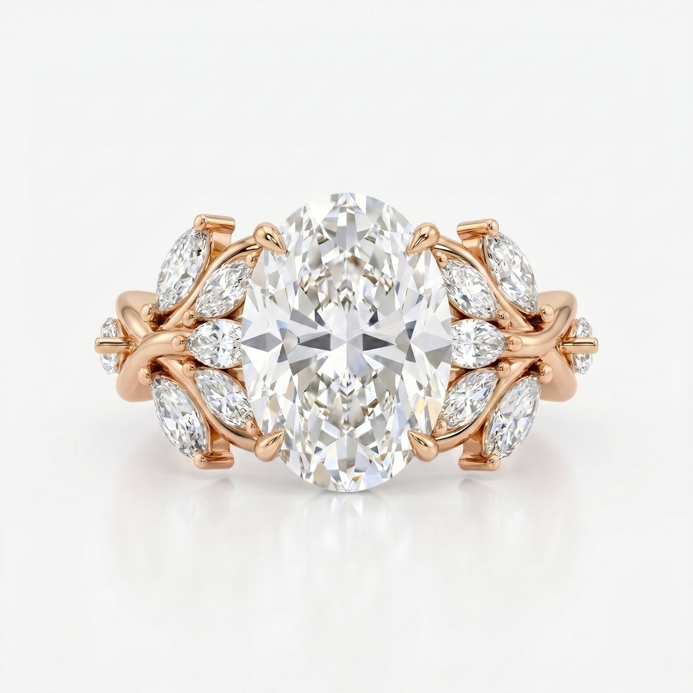 Oval Diamond Engagement Ring Nature Inspired Marquise Leaf Side Stone Ring, view 4